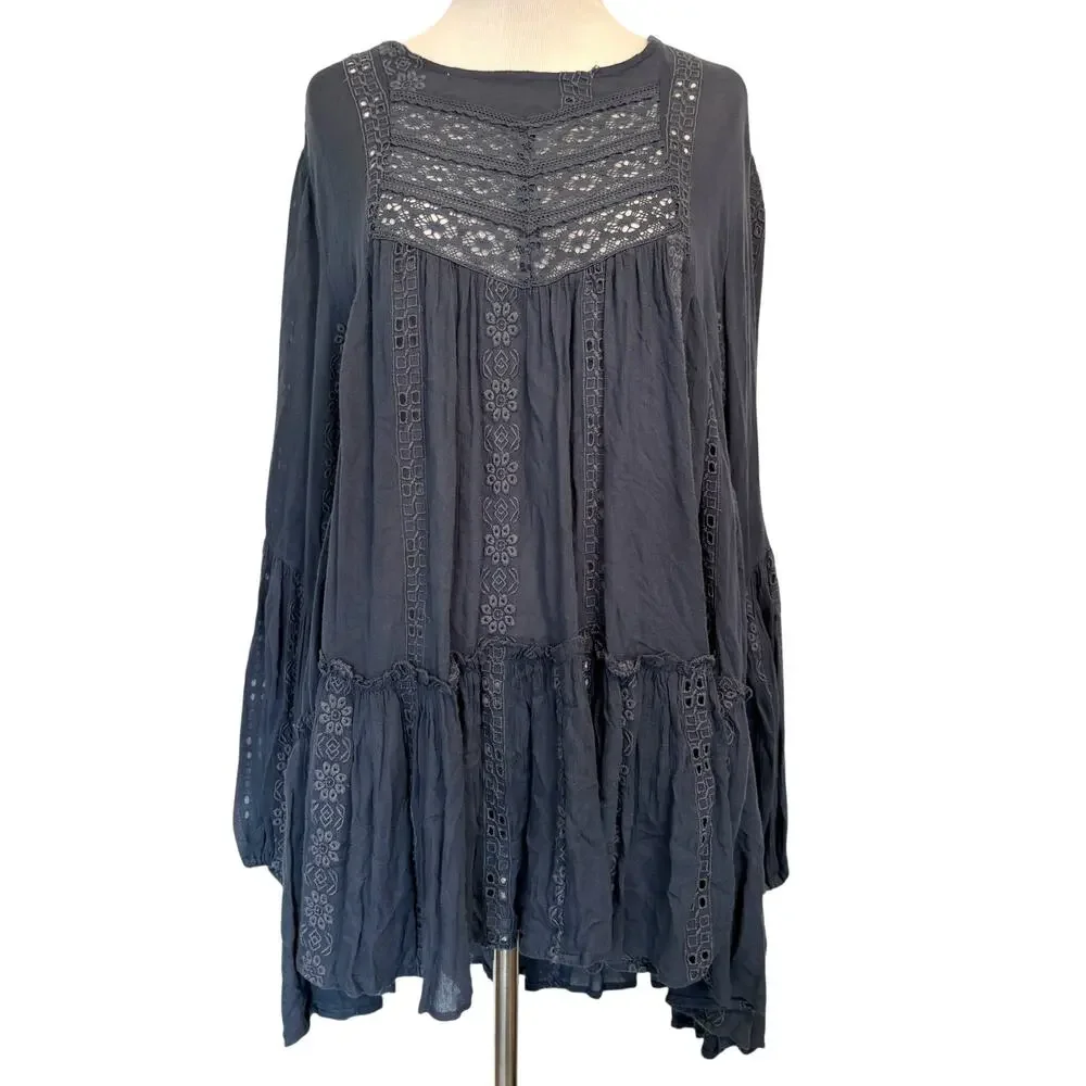 Free People Kiss Kiss Tunic Dress Womens XS Blue Tiered Swing Cut Out Oversized